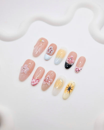 BUYRII X H² Mid-Long Oval Nude Sakura Flower Road Press On Nails