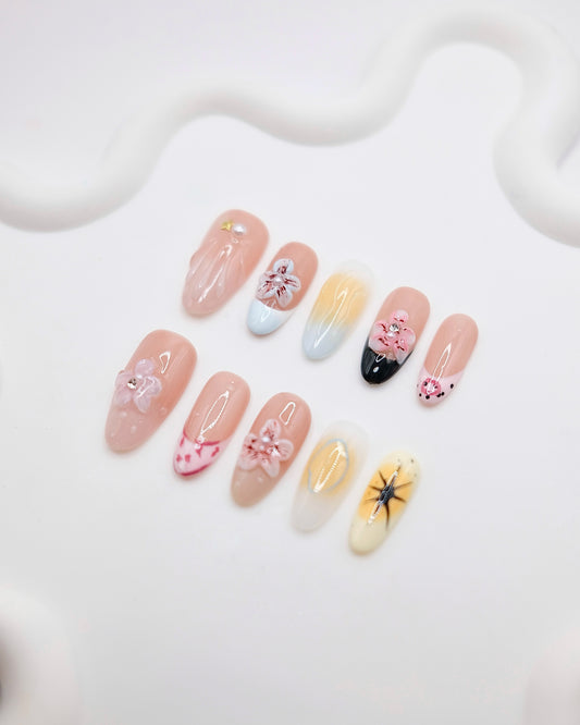 BUYRII X H² Mid-Long Oval Nude Sakura Flower Road Press On Nails