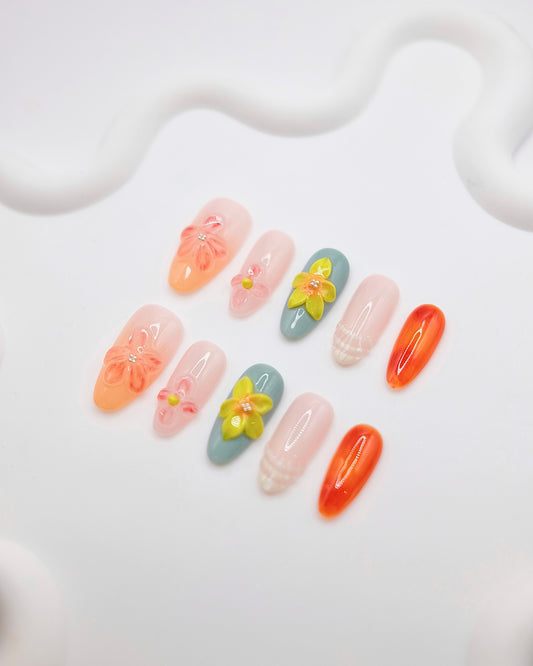BUYRII X H² Mid-Long Oval Colorful Flower Road Boutique Press On Nails