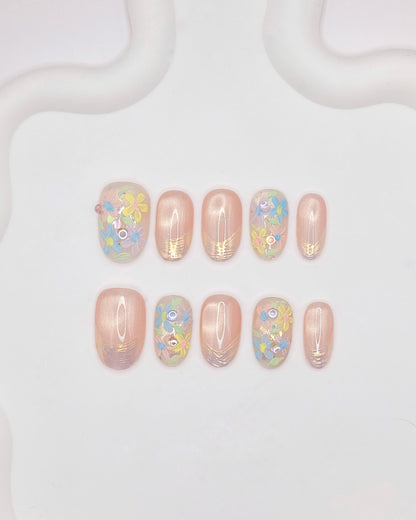BUYRII X H² Short Oval Pink Painted Colorful Flower Road Press On Nails