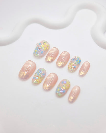 BUYRII X H² Short Oval Pink Painted Colorful Flower Road Press On Nails