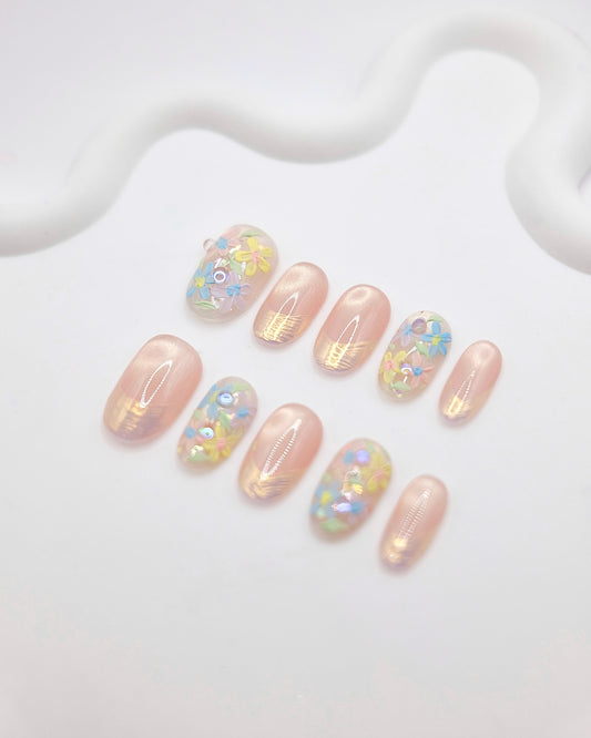 BUYRII X H² Short Oval Pink Painted Colorful Flower Road Press On Nails