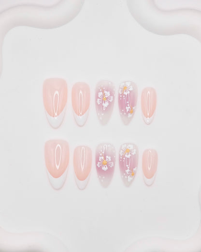 BUYRII X H² Long Oval Pink & White French Manicure Flower Road Press On Nails