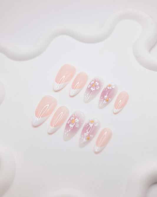 BUYRII X H² Long Oval Pink & White French Manicure Flower Road Press On Nails