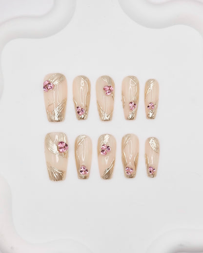 BUYRII X H² Long Coffin Gold Embossed & Diamond Shy Press On Nails