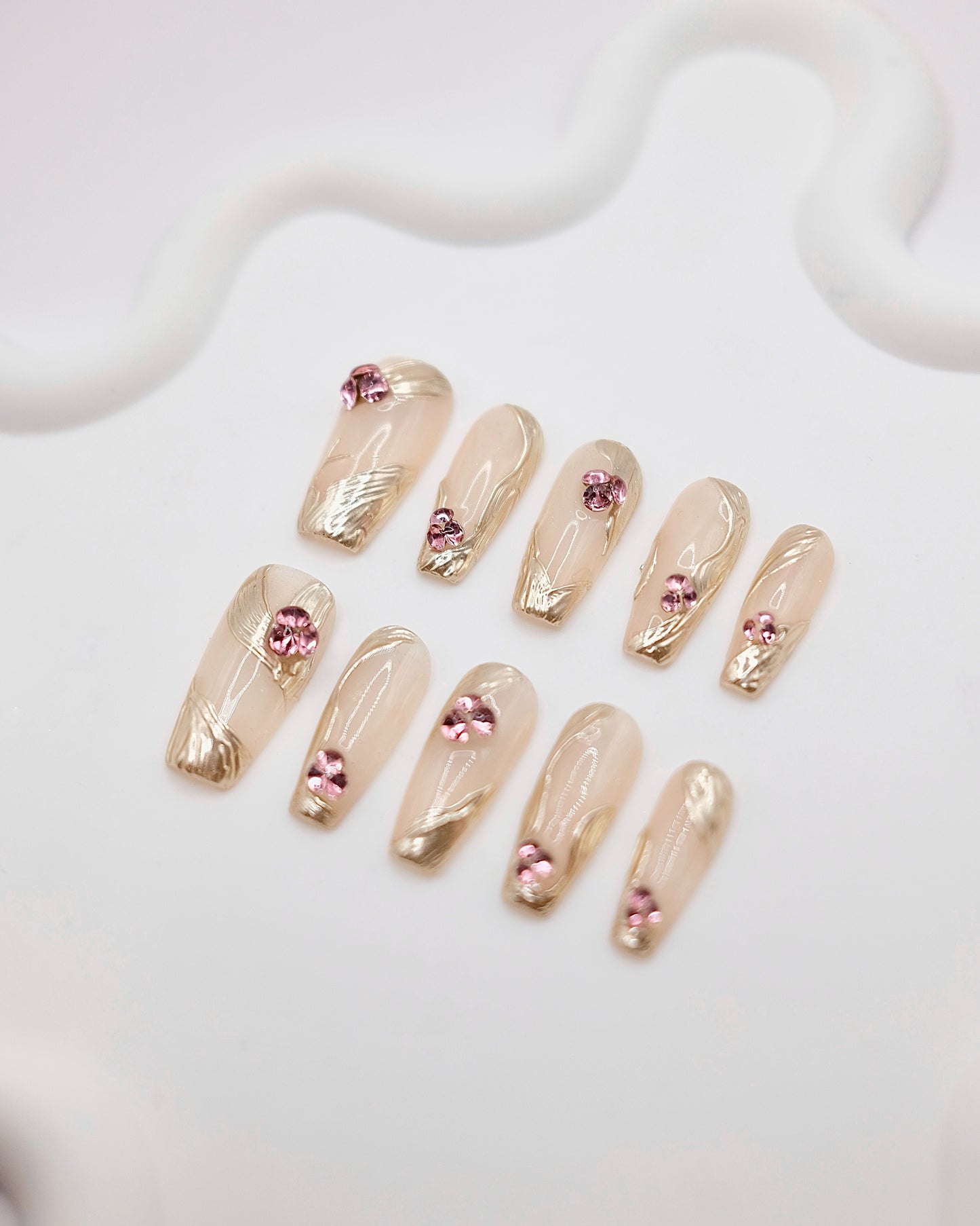 BUYRII X H² Long Coffin Gold Embossed & Diamond Shy Press On Nails