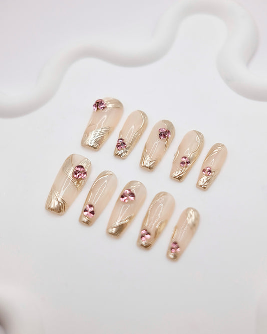 BUYRII X H² Long Coffin Gold Embossed & Diamond Shy Press On Nails