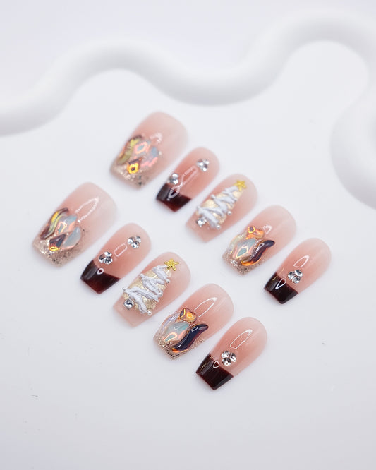 Mid-Long Coffin Diamond With Embossed Christmas Tree Press On Nails