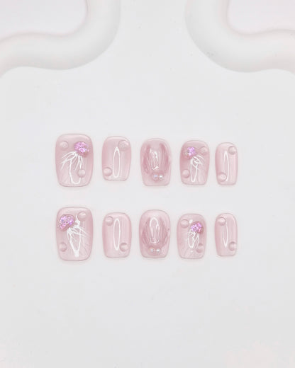 BUYRII X H² Short Coffin Pink Embossed Jellyfish Shy Press On Nails