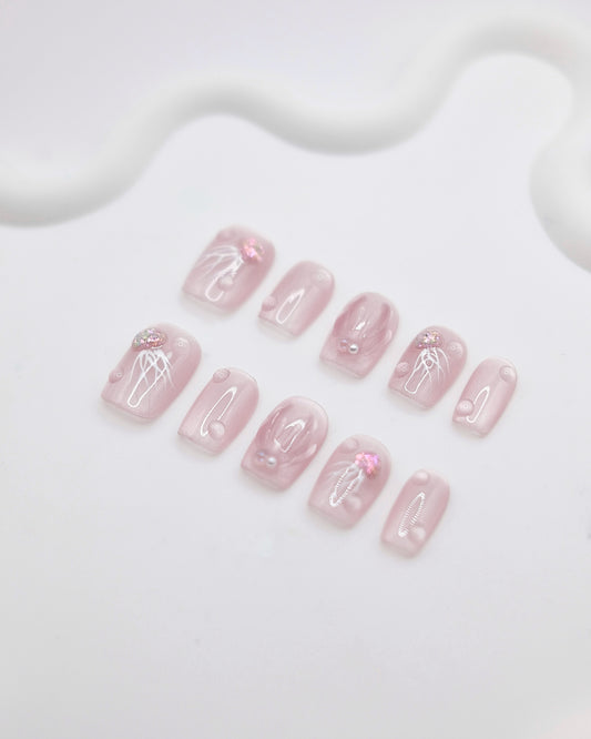 BUYRII X H² Short Coffin Pink Embossed Jellyfish Shy Press On Nails
