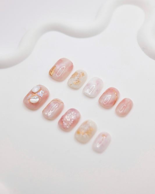 BUYRII X H² Short Rounded Pink & White Pearl Shy Press On Nails
