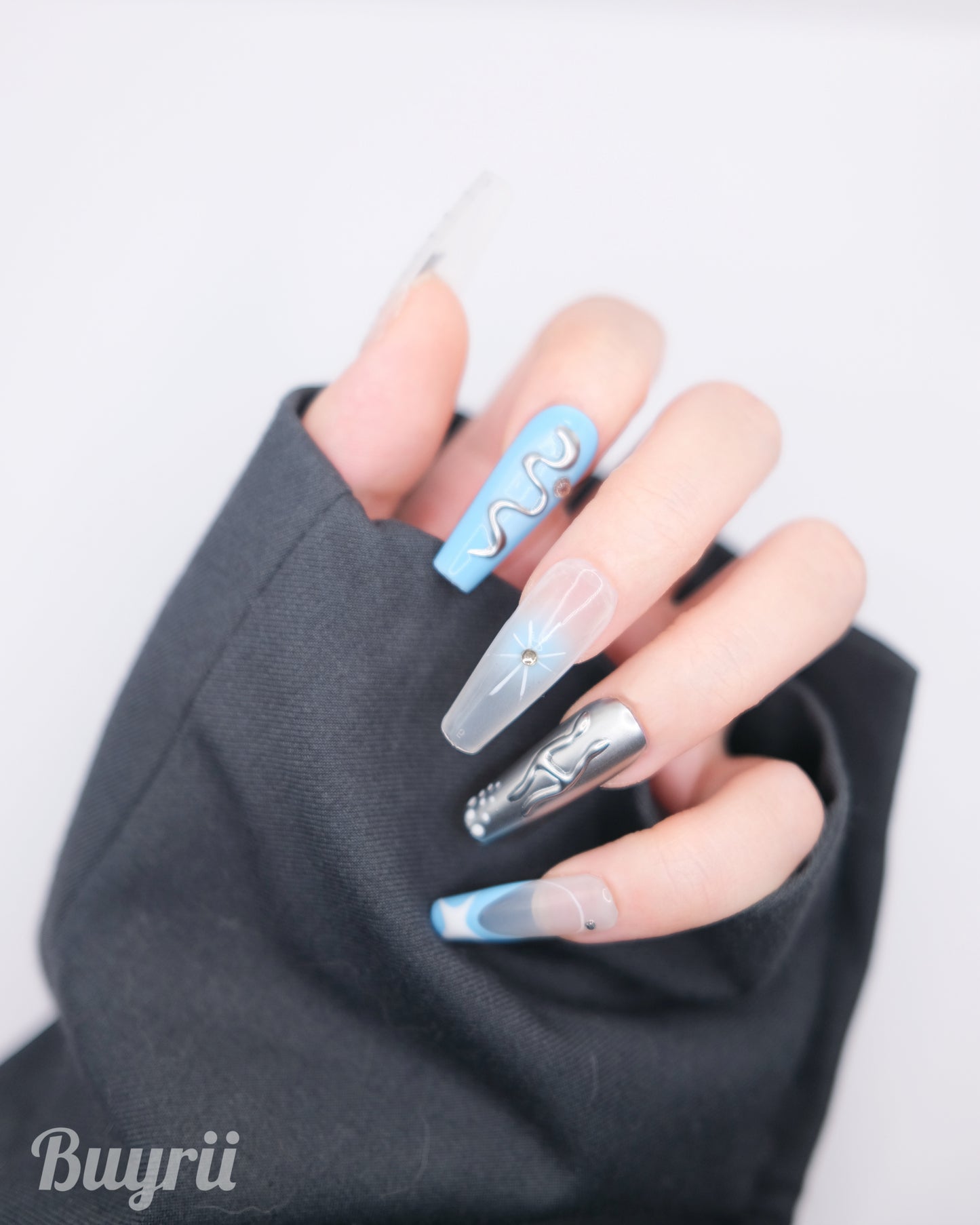 Extra Long Coffin Blue & Silver Y2K Press On Nails
