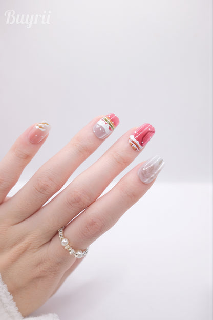 Short Coffin Pink Cute Kitten New Year Press On Nails