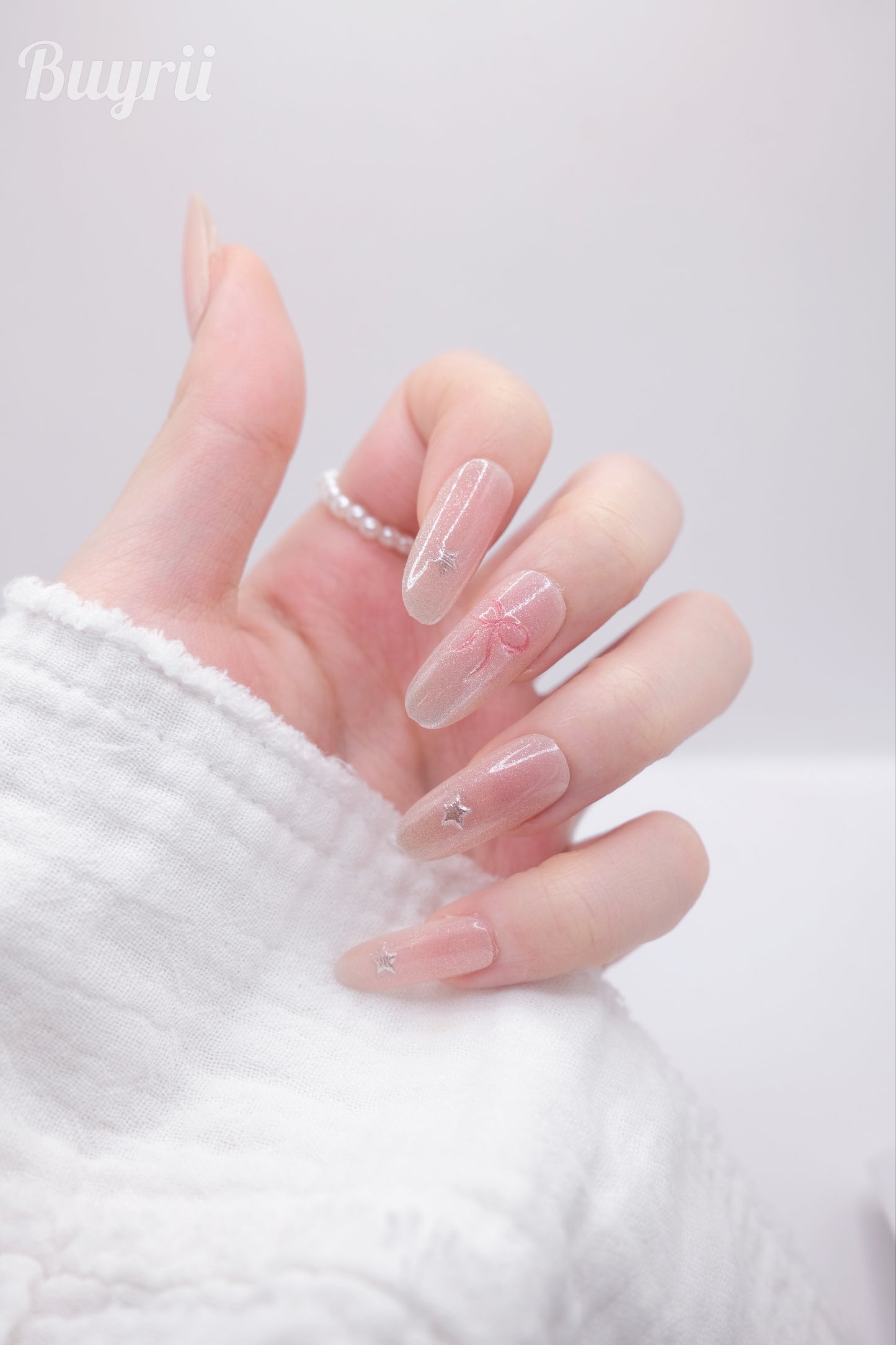 Long Oval Blue & Pink Bowtie with Star Press On Nails