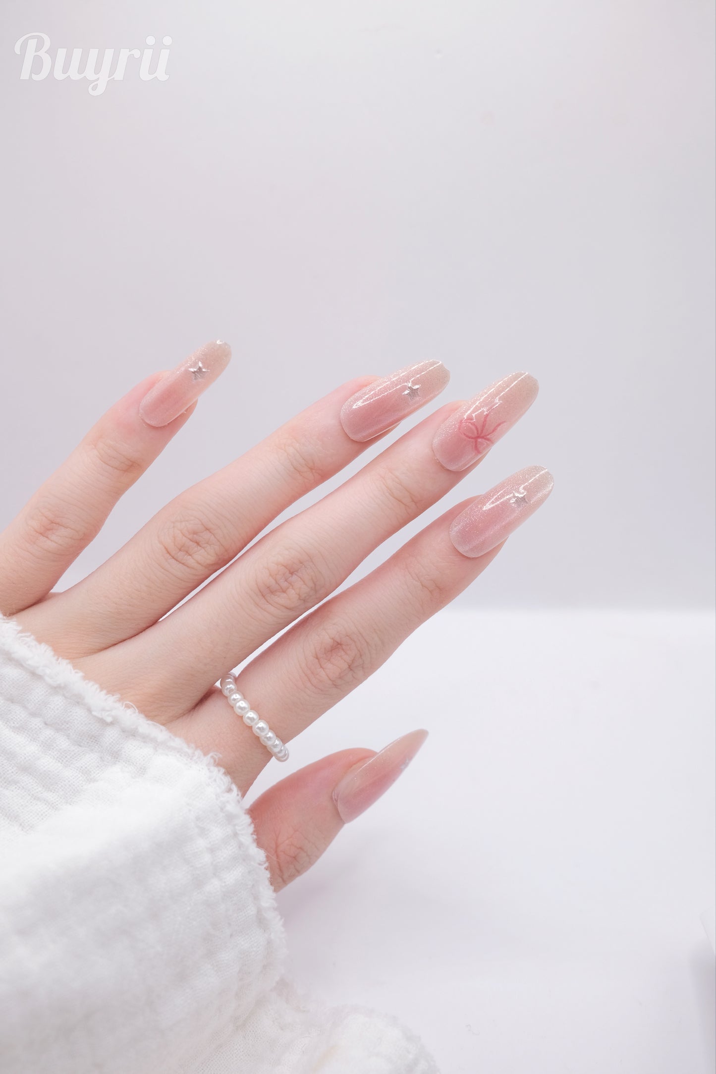 Long Oval Blue & Pink Bowtie with Star Press On Nails