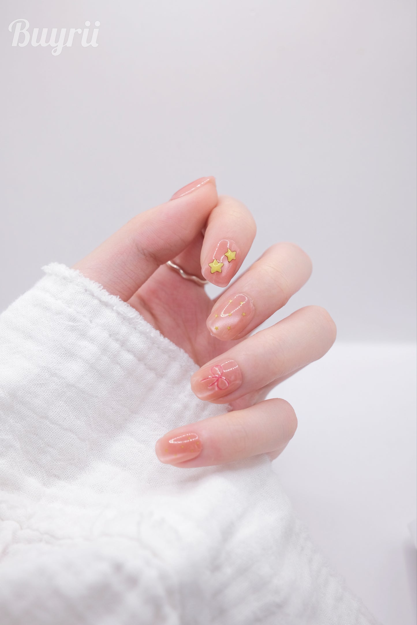 Short Rounded Pink Bear & Bowtie Press On Nails