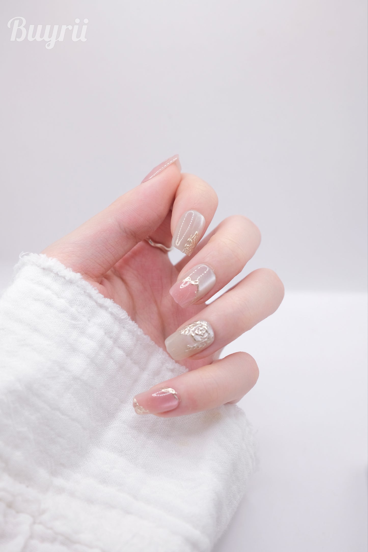 Short Coffin Pink Gold Embossed Rose Press On Nails