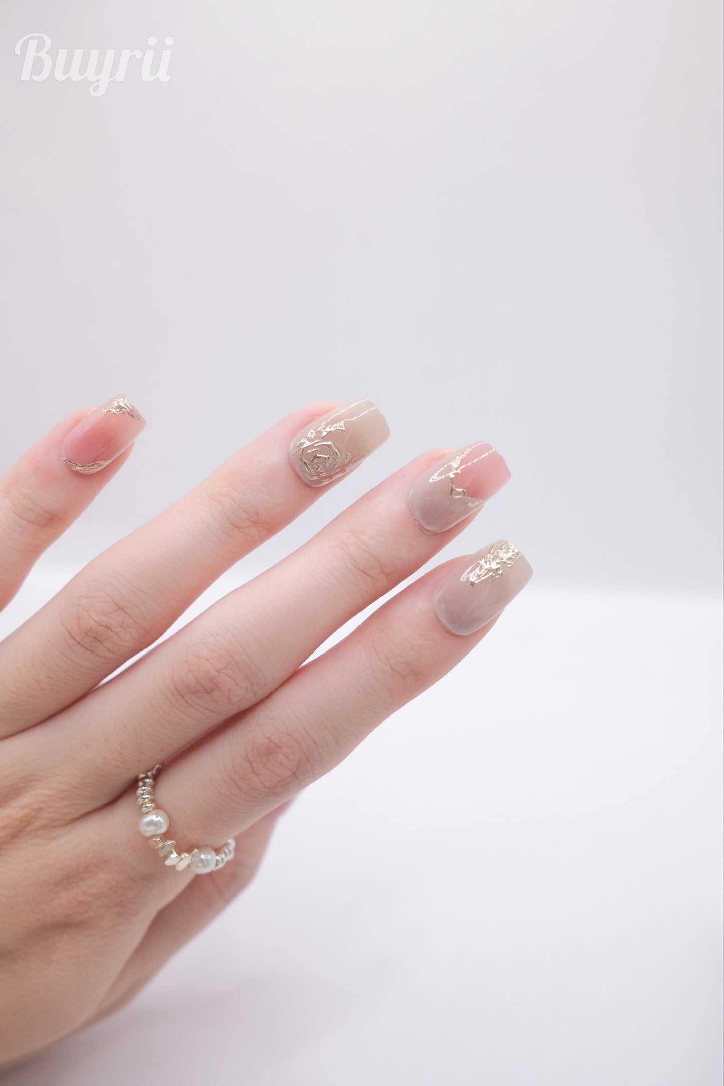 Short Coffin Pink Gold Embossed Rose Press On Nails