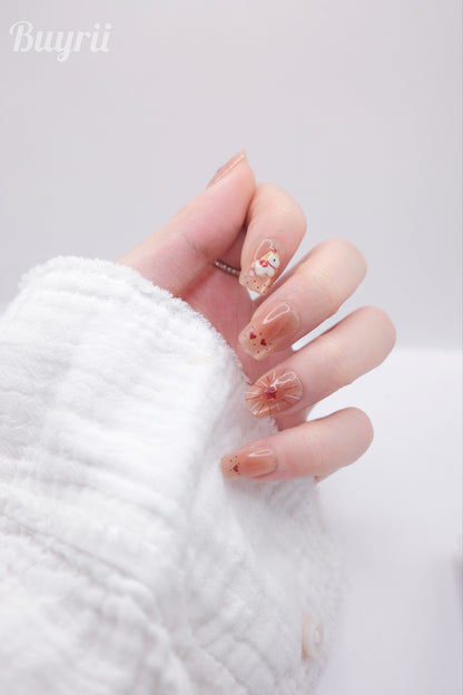 Short Coffin Nude Bow tie Chinese New Year of Horse Press On Nails