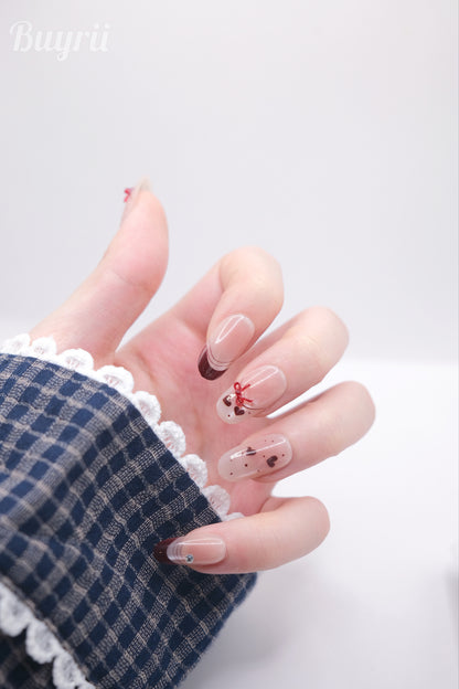 Mid-Long Oval Nude Color & Red Bowtie Press On Nails