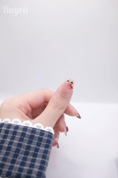 Mid-Long Oval Nude Color & Red Bowtie Press On Nails