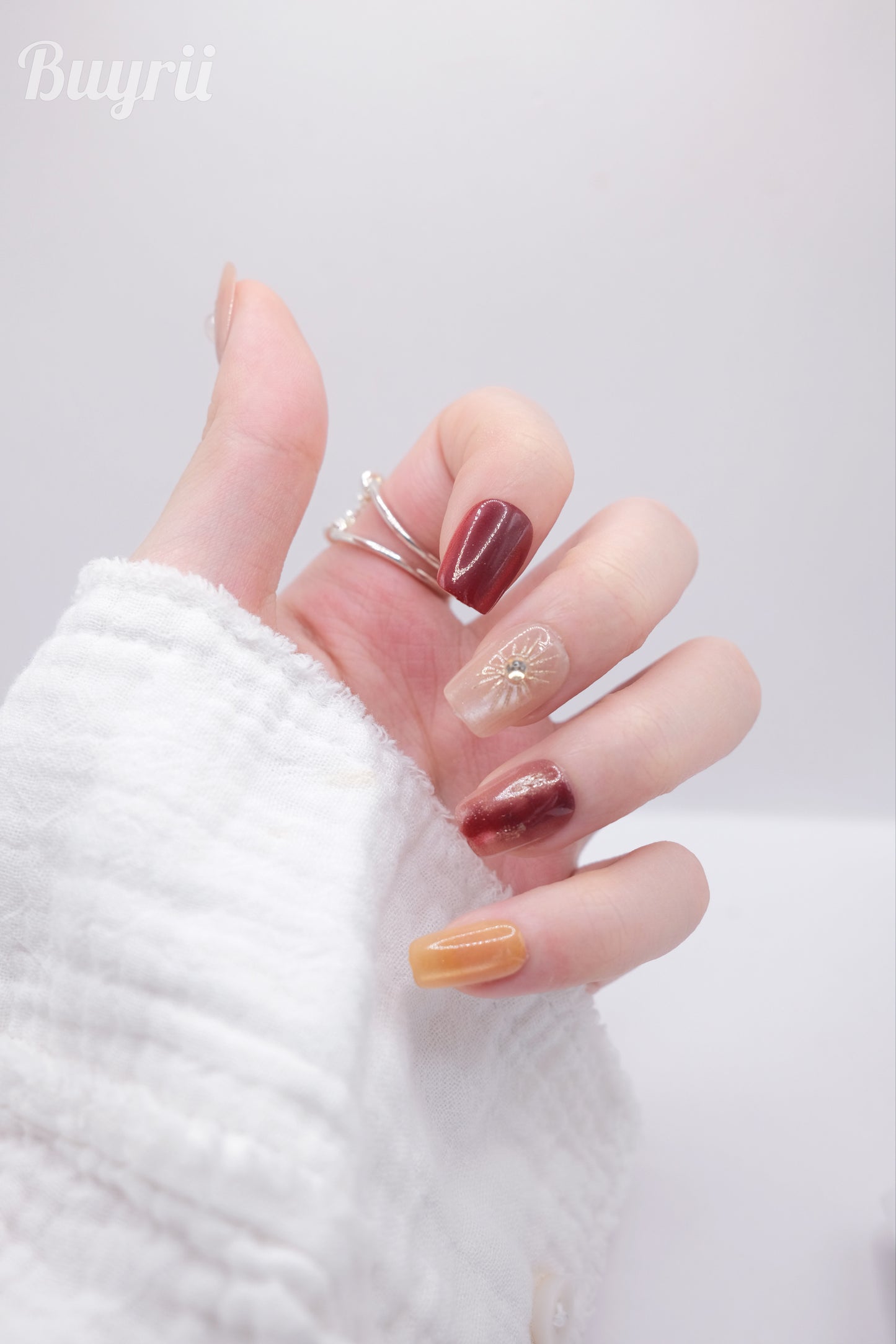 Short Coffin Gold & Ruby Gem Press On Nails