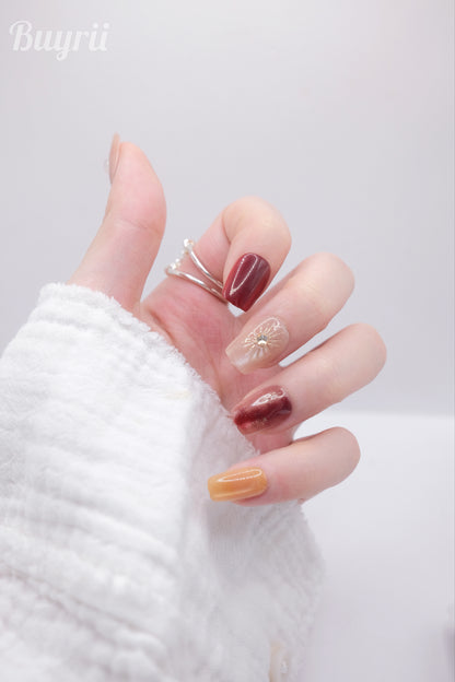 Short Coffin Gold & Ruby Gem Press On Nails