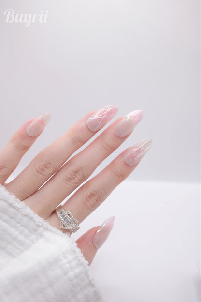 Long Almond Pink Bowtie Princess Press On Nails