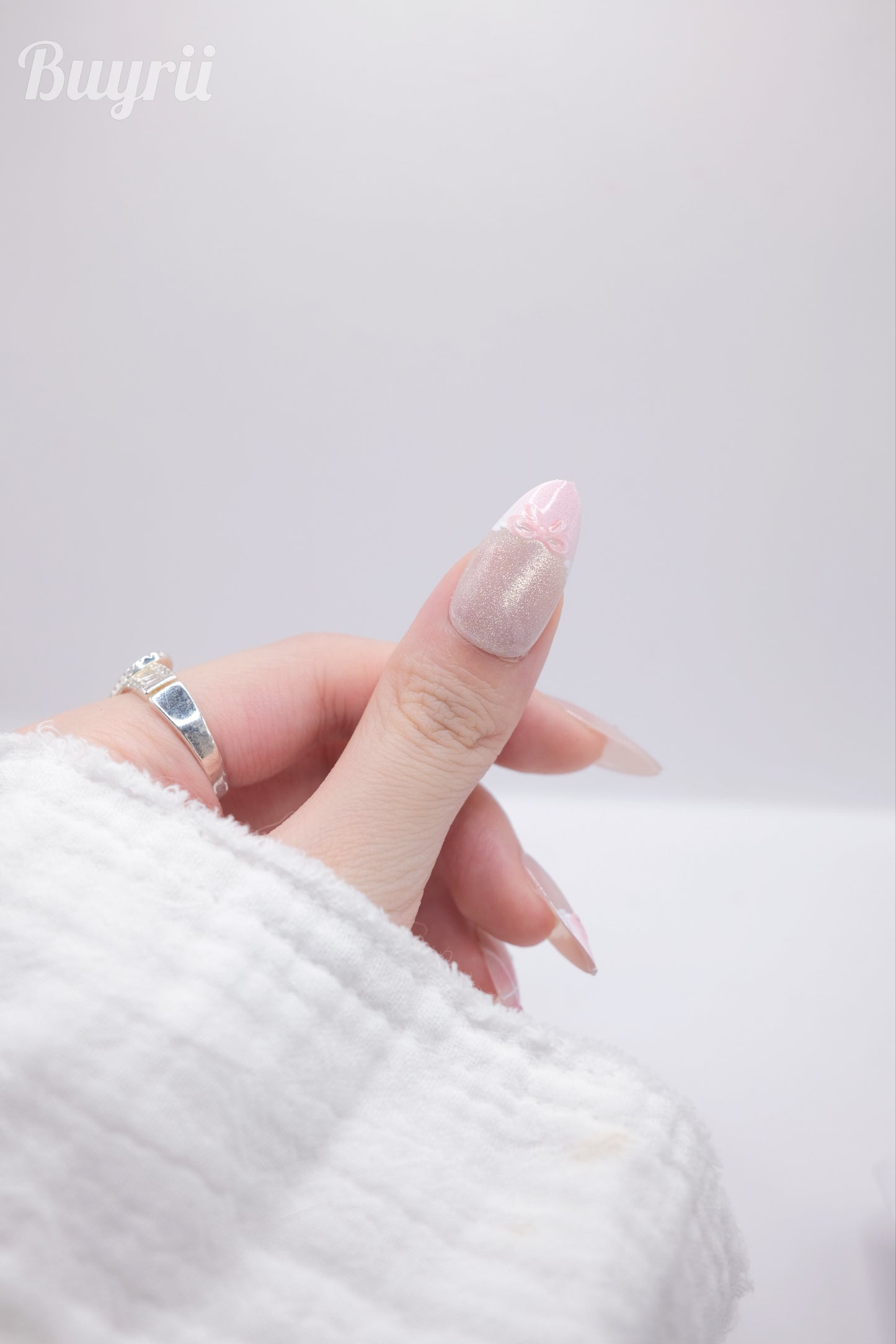 Long Almond Pink Bowtie Princess Press On Nails