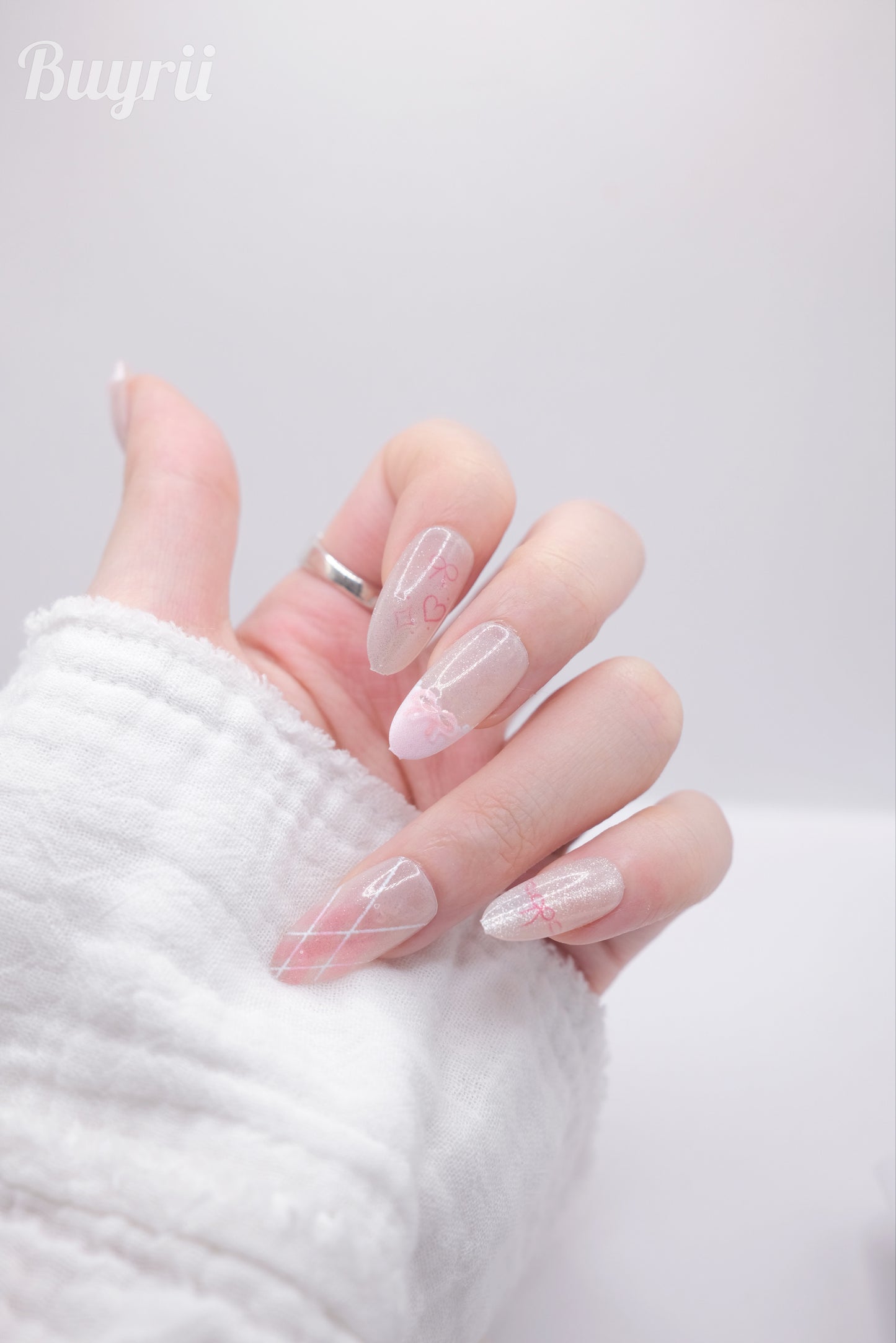 Long Almond Pink Bowtie Princess Press On Nails
