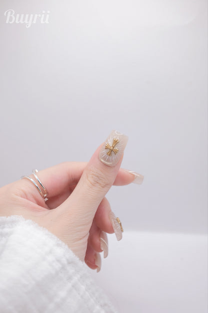 Mid-Long Coffin Nude Cateye Holy Cross Press On Nails
