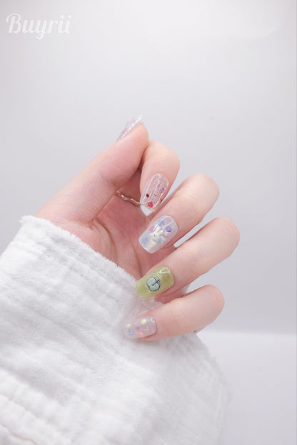 Short Coffin Colorful Cutie Bear & Rabbit With Fruits Press On Nails