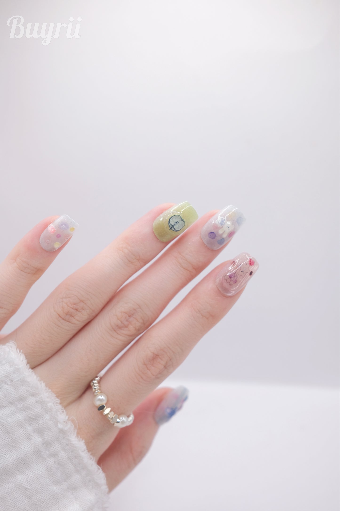 Short Coffin Colorful Cutie Bear & Rabbit With Fruits Press On Nails