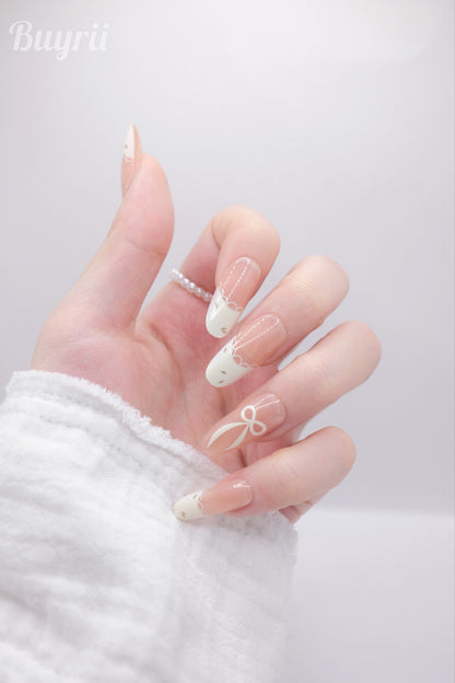 Long Almond Nude Color White French Manicure Bowtie Press On Nails