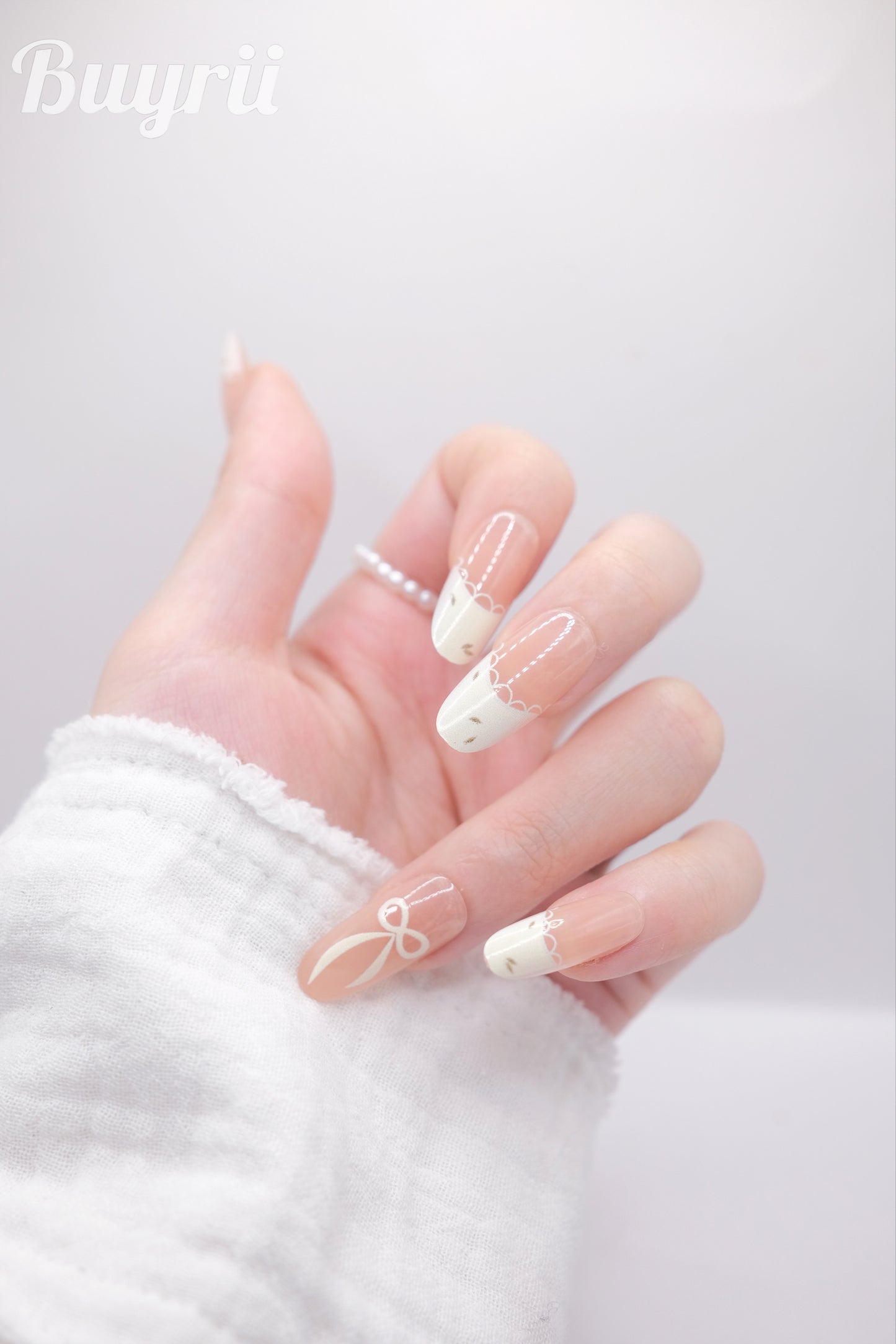 Long Almond Nude Color White French Manicure Bowtie Press On Nails