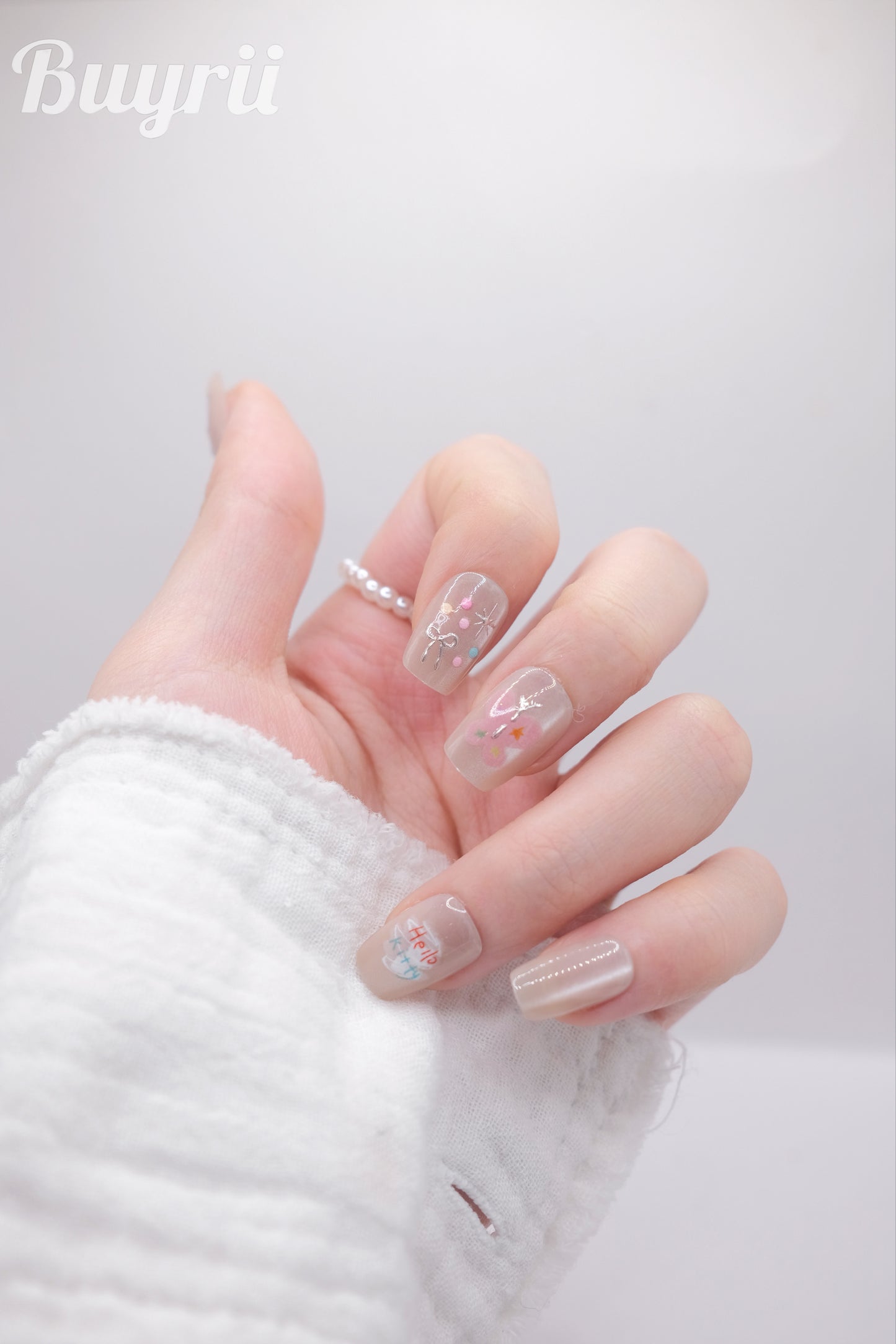 Short Coffin Nude Color Hello Kitty Hand Drawing STYLE Press On Nails