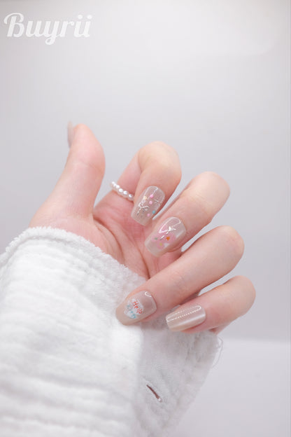 Short Coffin Nude Color Hello Kitty Hand Drawing STYLE Press On Nails