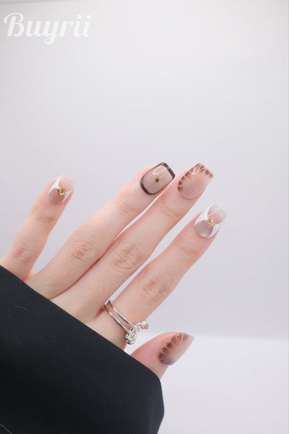 Short Coffin Nude Color Cateye With Diamond Press On Nails