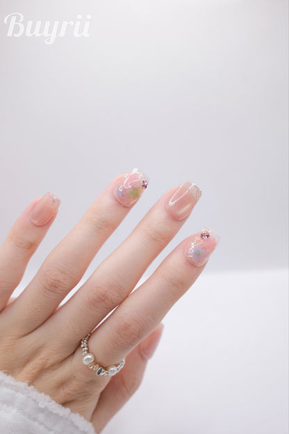 Short Coffin Dreamy Pink Cateye Diamond Press On Nails