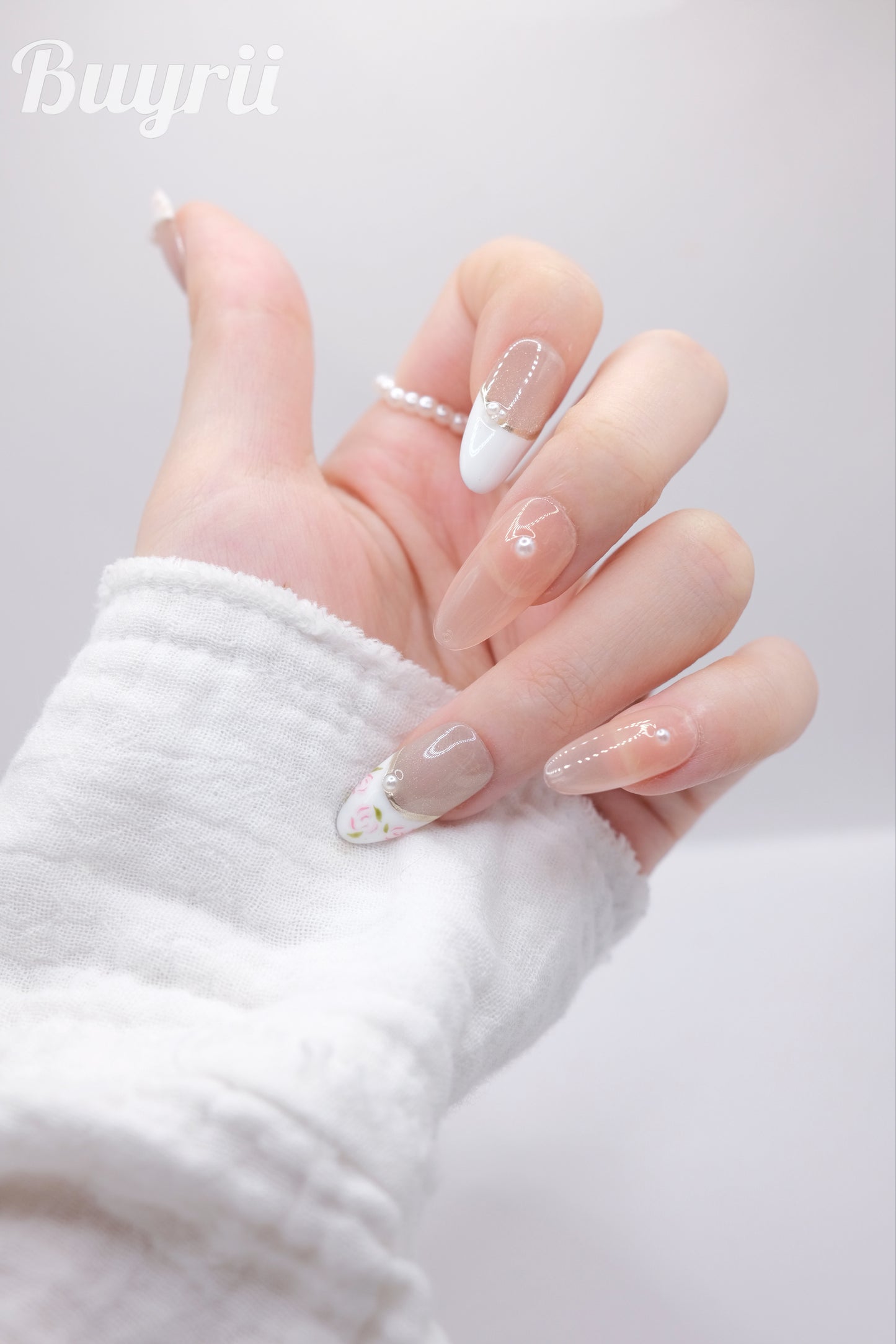 Long Almond Nude & Pink French Manicure With Diamond Press On Nails
