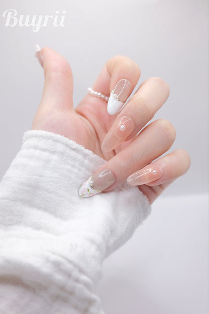 Long Almond Nude & Pink French Manicure With Diamond Press On Nails