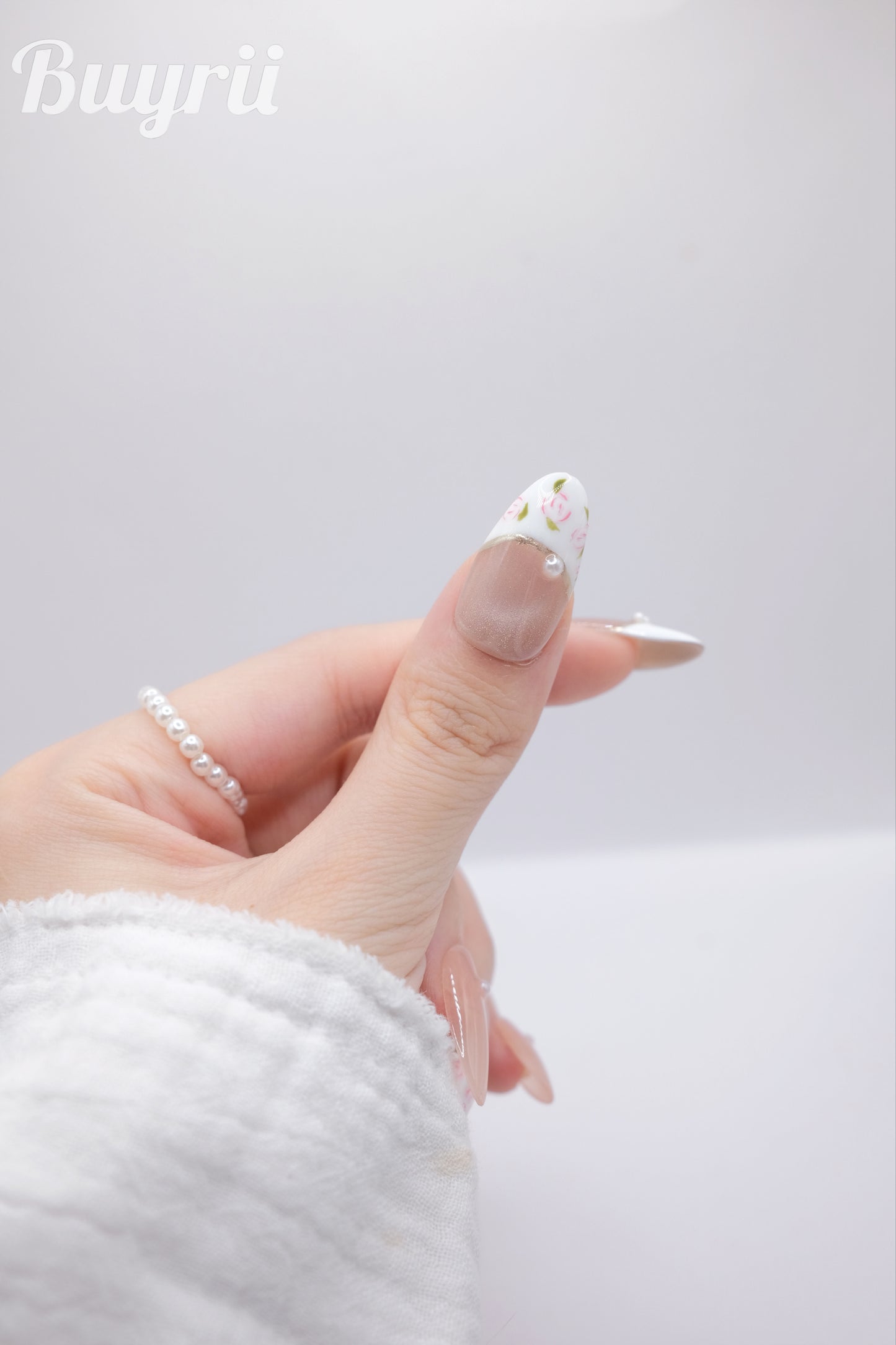 Long Almond Nude & Pink French Manicure With Diamond Press On Nails