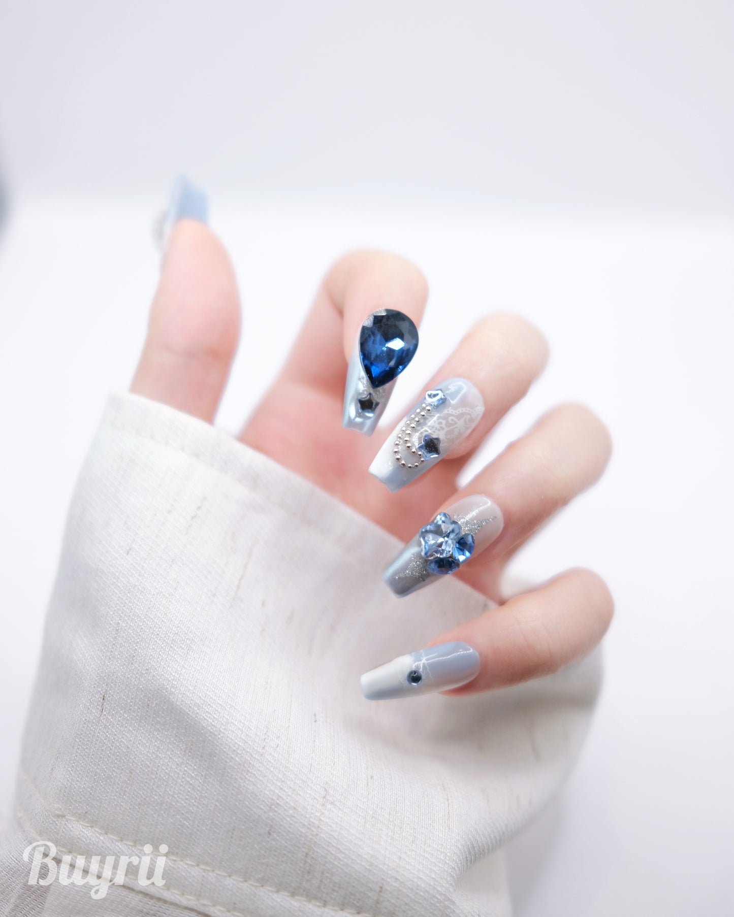 Long Coffin Snowing Disney Castle & Blue Diamond Press On Nails