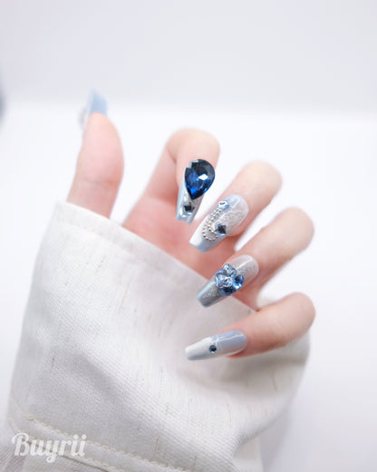 Long Coffin Snowing Disney Castle & Blue Diamond Press On Nails