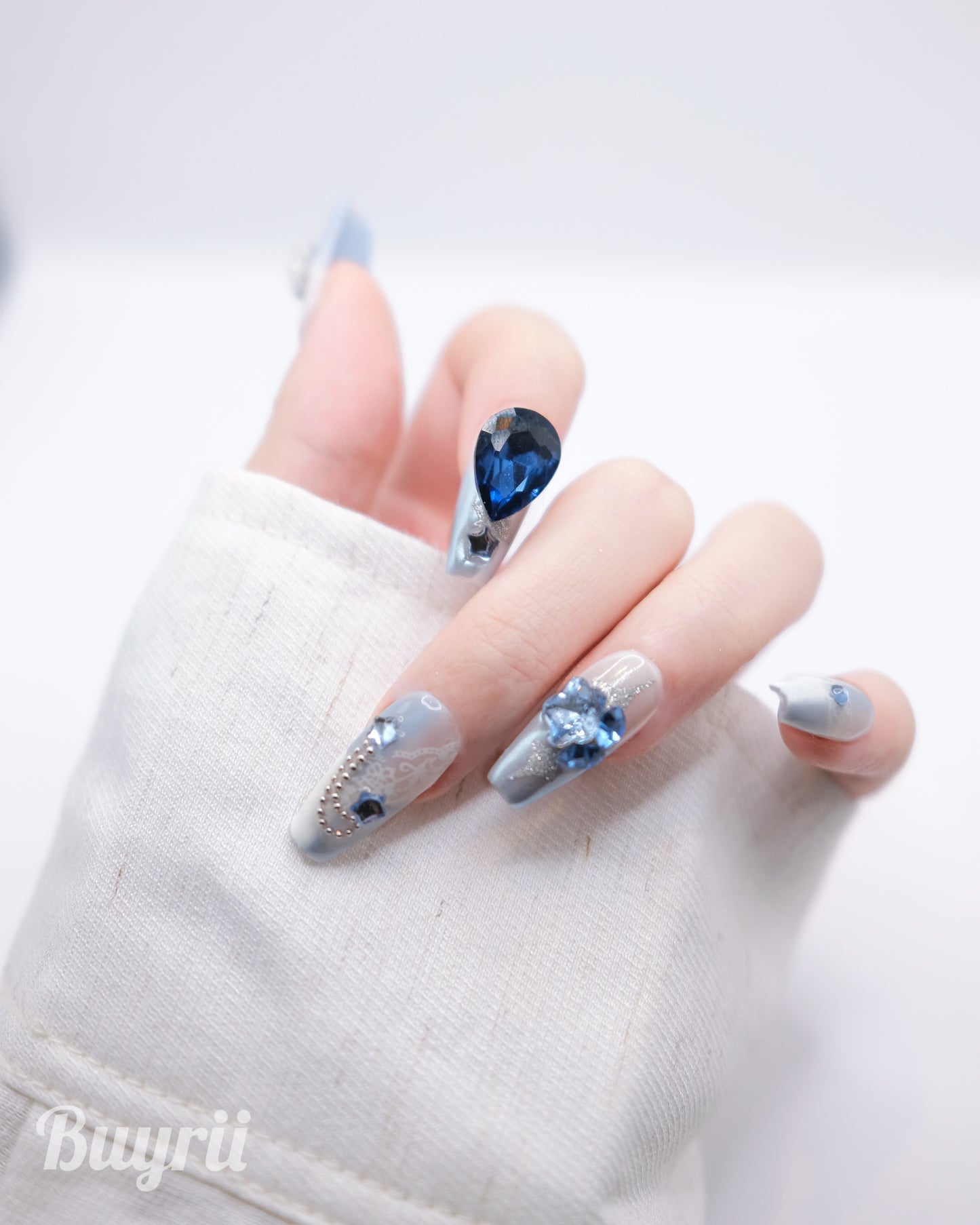 Long Coffin Snowing Disney Castle & Blue Diamond Press On Nails