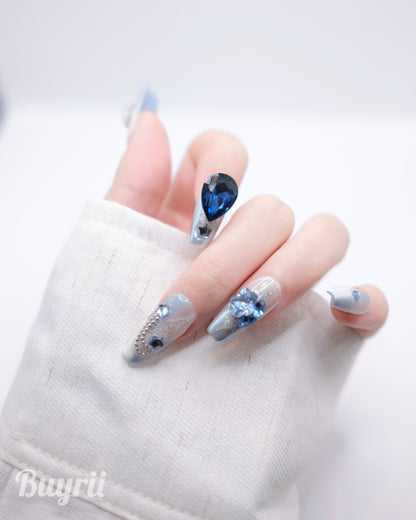 Long Coffin Snowing Disney Castle & Blue Diamond Press On Nails