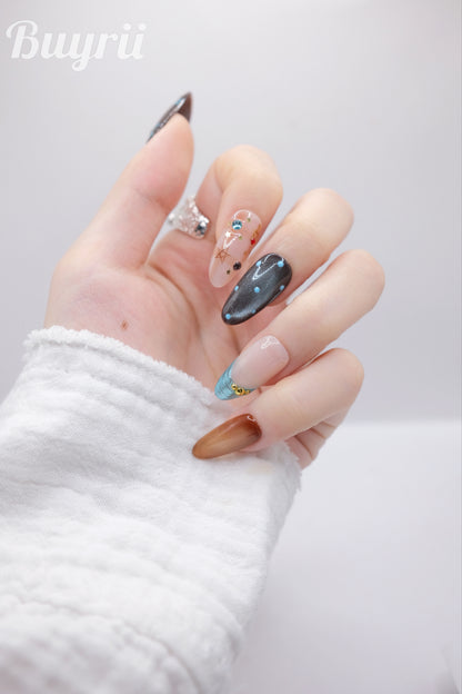 Long Oval Blue Flower & Diamond Press On Nails