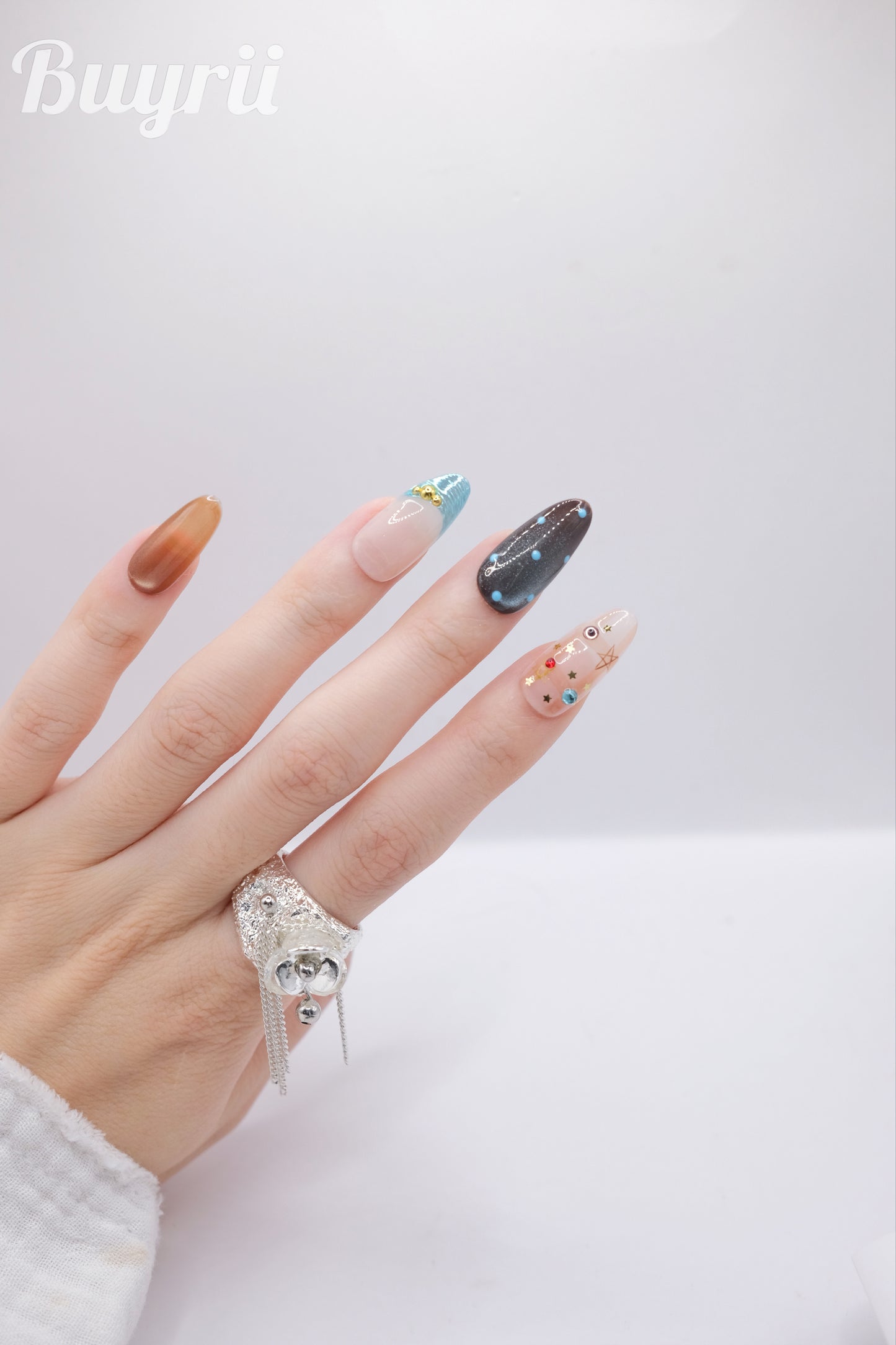 Long Oval Blue Flower & Diamond Press On Nails
