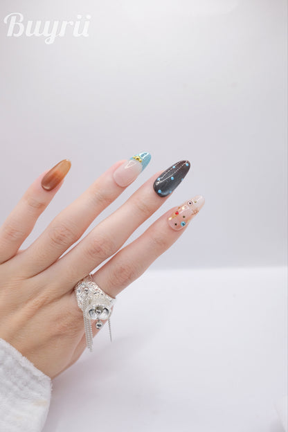Long Oval Blue Flower & Diamond Press On Nails