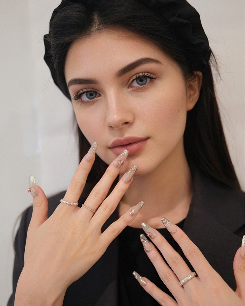 BUYRII X H² Long Coffin Gold Embossed & Diamond Shy Press On Nails